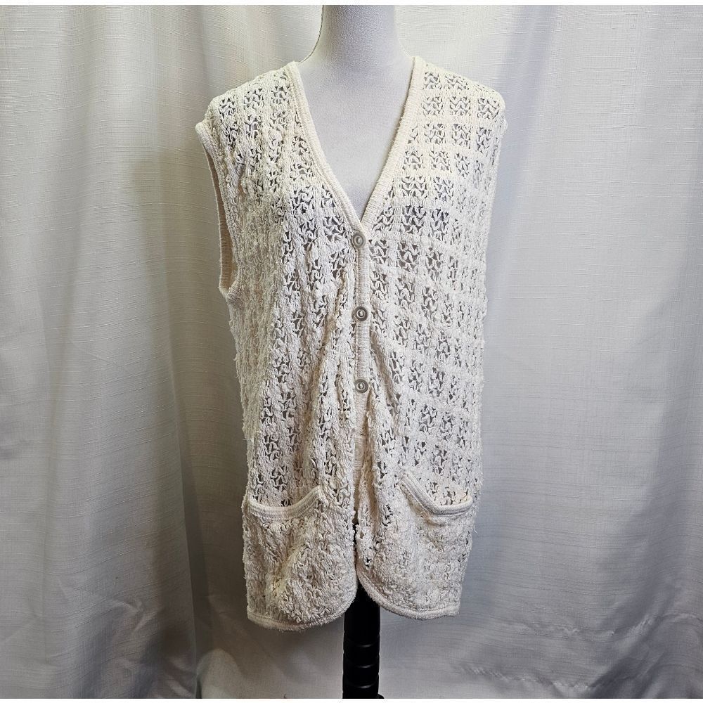 Handmade White Crochet Knit Button Front Sleeveless Cardigan Size Unknown